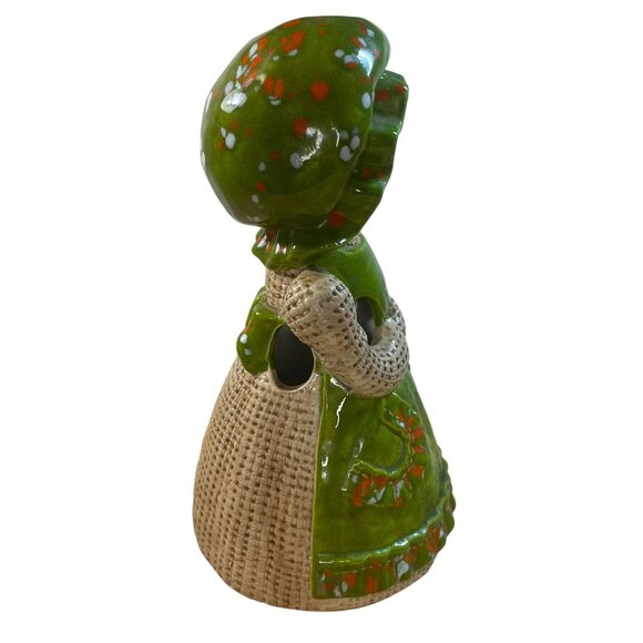 Vintage 70s Pottery Maiden in Bonnet Button Eyes Utensil Knitting Holder Green - Picture 6 of 9